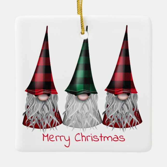 Scandinavian Gnomes in Buffalo Plaid Ornament (Front)