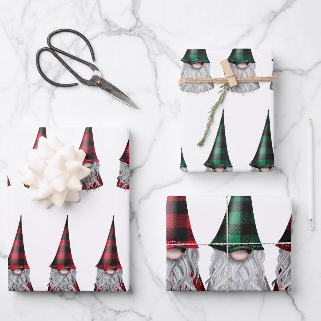Scandinavian Gnomes in Plaid Wrapping Paper Sheets (Front)