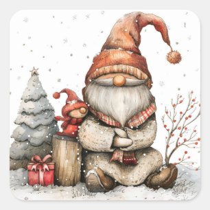 Scandinavian Gnomes Red and Friend Christmas  Square Sticker