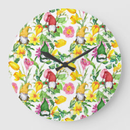 Scandinavian gnomes: spring floral watercolor. large clock