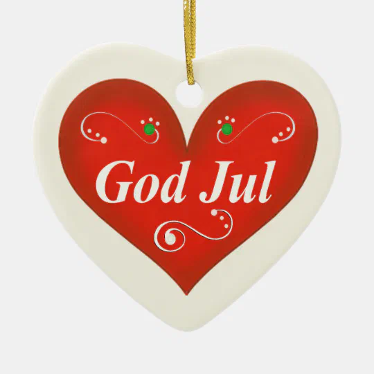 Scandinavian Swedish Christmas Ceramic Ornament God Jul Hearts & Pines 
