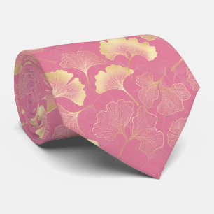 Scandinavian Gold Ginkgo Botanical Pink Pattern Neck Tie