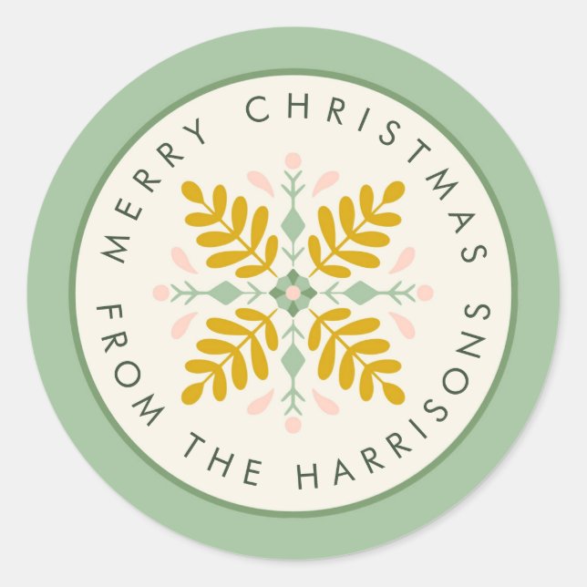 Scandinavian Green and Gold Christmas Wreath Classic Round Sticker (Front)