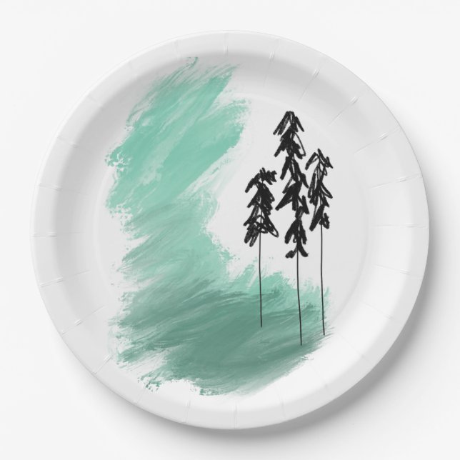 Scandinavian green tree art simple modern mint   paper plates (Front)