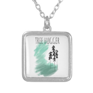 Scandinavian green tree art simple modern mint silver plated necklace