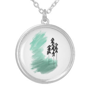 Scandinavian green tree art simple modern mint silver plated necklace