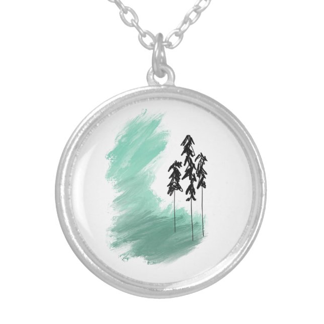 Scandinavian green tree art simple modern mint silver plated necklace (Front)