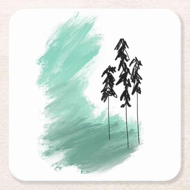 Scandinavian green tree art simple modern mint   square paper coaster (Front)