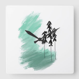 Scandinavian green tree art simple modern mint   square wall clock