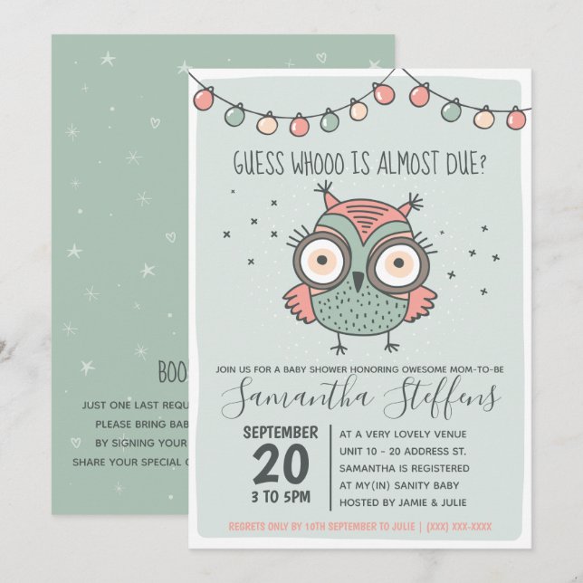 Scandinavian Green Whoo is Due Owl Baby Shower Invitation (Front/Back)