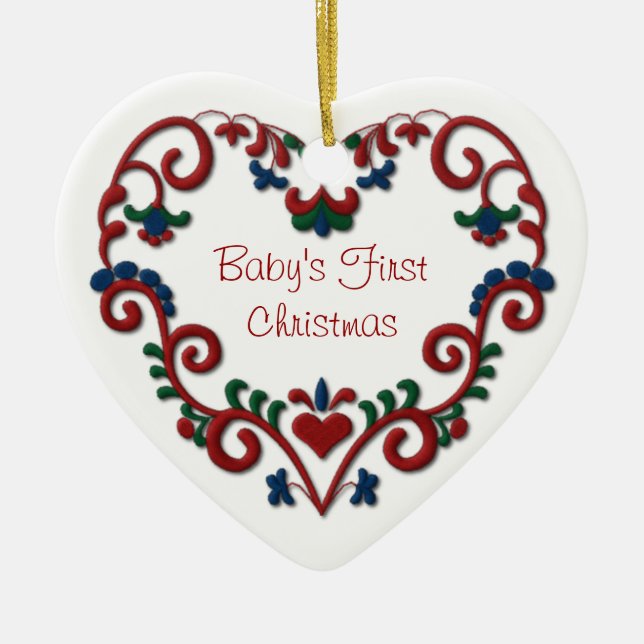 Scandinavian Heart Babys First Christmas Ceramic Ornament (Front)