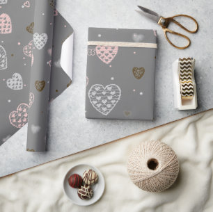 Scandinavian Hearts Pink and Gray Wrapping Paper