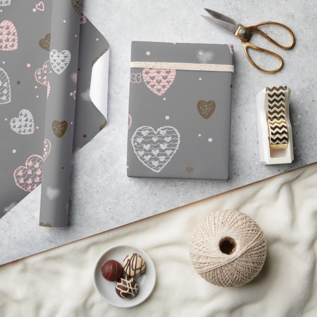Scandinavian Hearts Pink and Gray Wrapping Paper (Crafts)