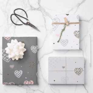 Scandinavian Hearts Pink and Gray Wrapping Paper Sheets