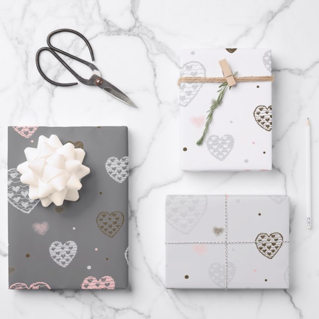 Scandinavian Hearts Pink and Gray Wrapping Paper Sheets (Front)