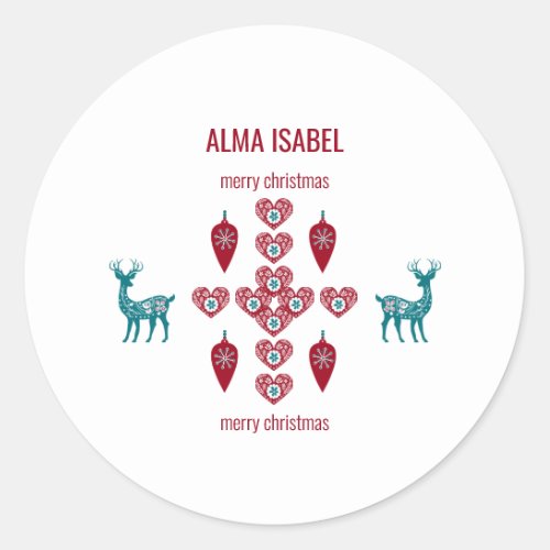 Scandinavian Hearts Reindeer Personalize Name Xmas Classic Round Sticker