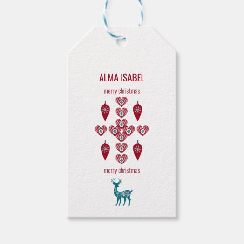 Scandinavian Hearts Reindeer Personalize Name Xmas Gift Tags