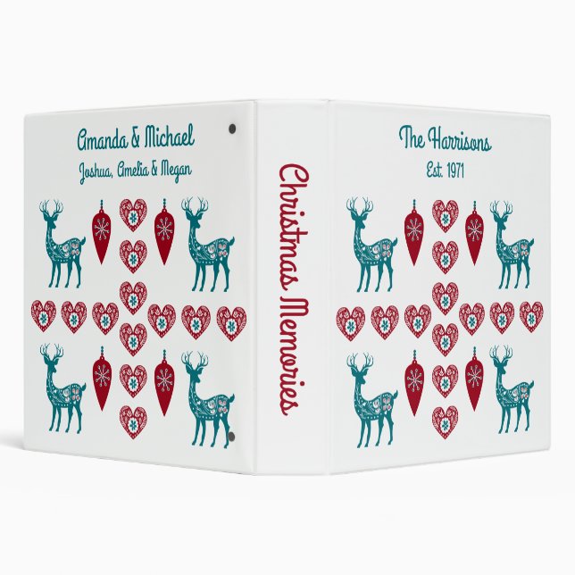 Scandinavian Hearts Reindeer Red Baubles Christmas 3 Ring Binder (Background)
