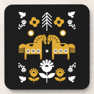 Scandinavian Horse Folk Art Beverage Coaster