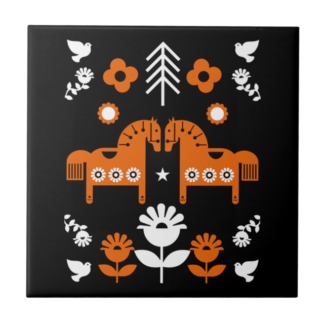 Scandinavian Horse Folk Art Ceramic Tile (Front)