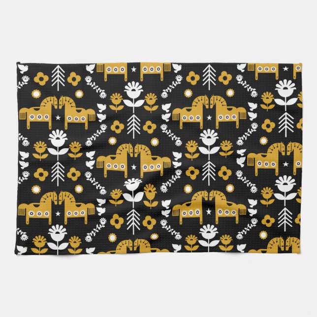 Scandinavian Horse Folk Art Kitchen Towel (Horizontal)