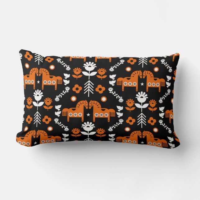 Scandinavian Horse Folk Art Lumbar Pillow (Front)