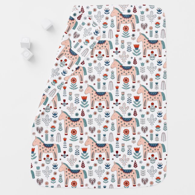 Scandinavian Horse Folk Art Pattern Baby Blanket (In Situ)