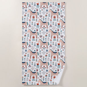 Scandinavian Horse Folk Art Pattern Beach Towel