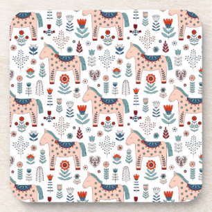 Scandinavian Horse Folk Art Pattern Beverage Coaster