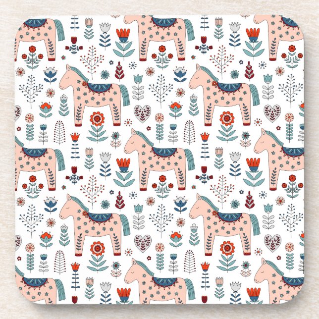Scandinavian Horse Folk Art Pattern Beverage Coaster (Front)