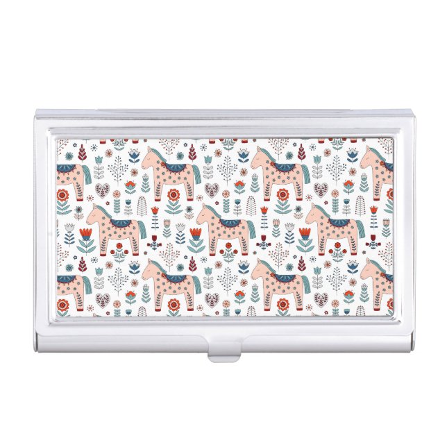 Scandinavian Horse Folk Art Pattern Business Card Case (Front)