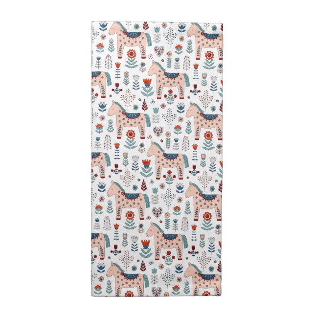 Scandinavian Horse Folk Art Pattern Cloth Napkin (Half Fold)