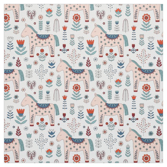 Scandinavian Horse Folk Art Pattern Fabric (Swatch)