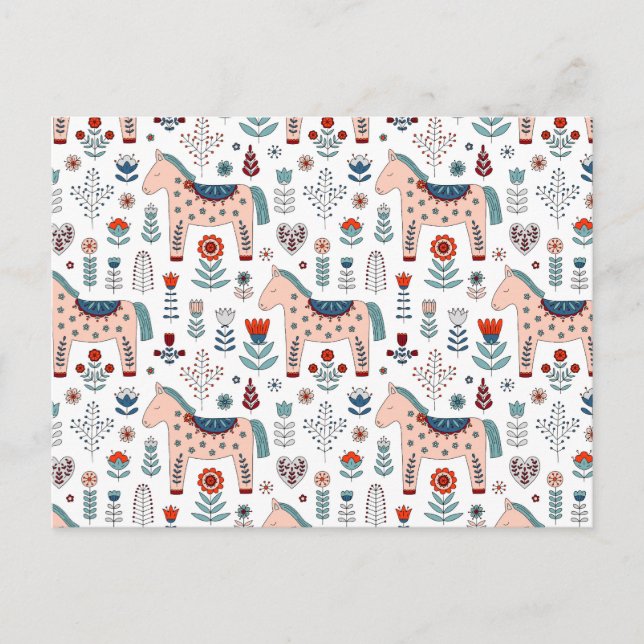 Scandinavian Horse Folk Art Pattern Holiday Postcard (Front)