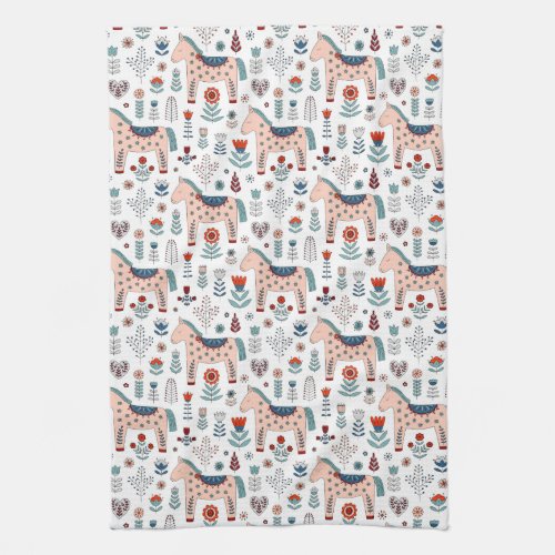 Scandinavian Horse Folk Art Pattern Kitchen Towel