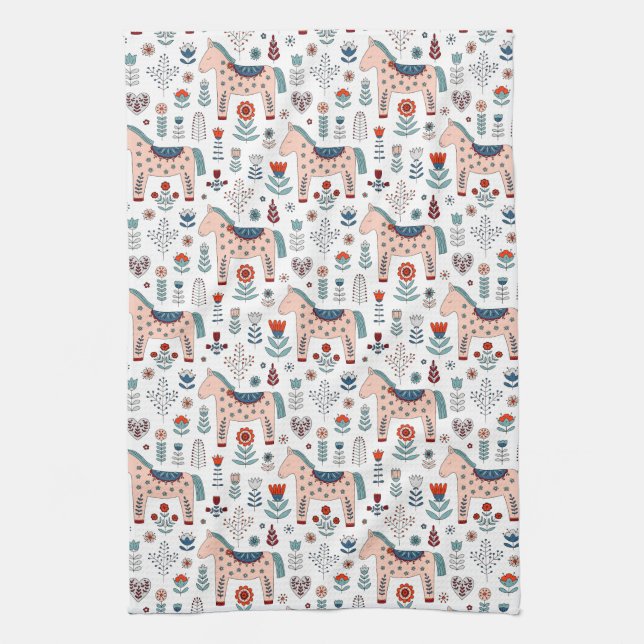 Scandinavian Horse Folk Art Pattern Kitchen Towel (Vertical)