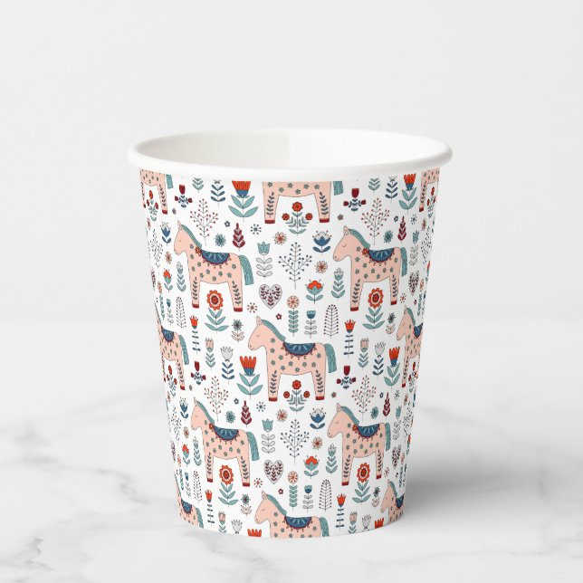 Scandinavian Horse Folk Art Pattern Paper Cups (Left)