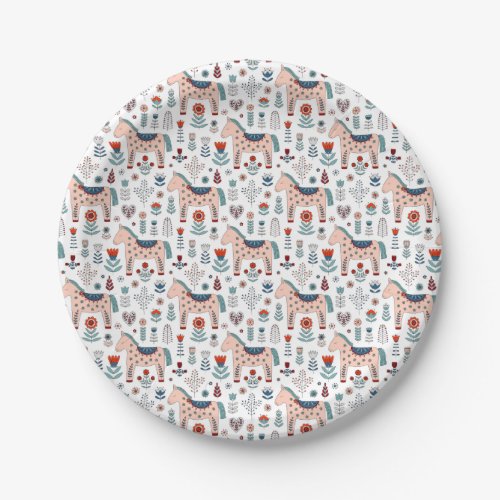 Scandinavian Horse Folk Art Pattern Paper Plates