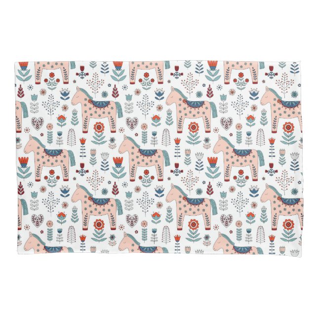 Scandinavian Horse Folk Art Pattern Pillow Case (Front-Left)