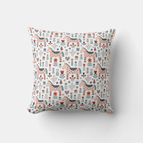 Scandinavian Horse Folk Art Pattern Throw Pillow