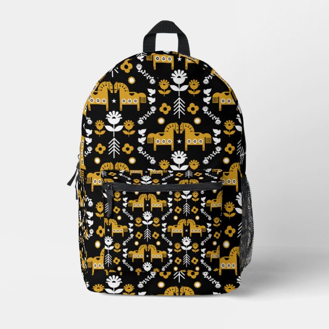 Scandinavian Horse Folk Art Printed Backpack (Front)