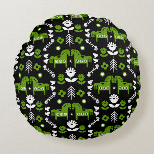 Scandinavian Horse Folk Art Round Pillow