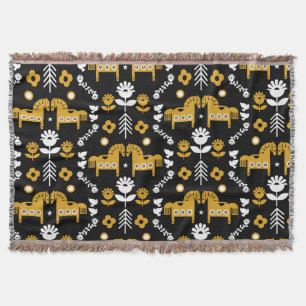 Scandinavian Horse Folk Art Throw Blanket