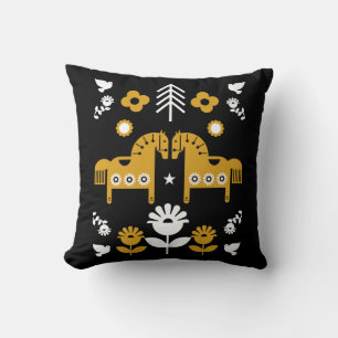 Scandinavian Horse Folk Art Throw Pillow