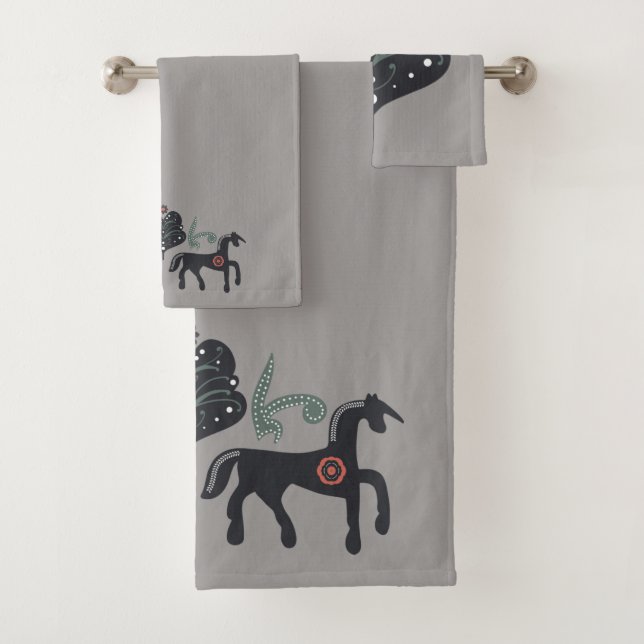 Scandinavian Horse Pattern Gray  Bath Towel Set (Insitu)