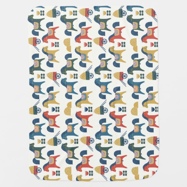 Scandinavian Horses: Colorful Folk Art Baby Blanket (Front)