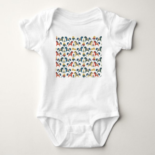 Scandinavian Horses: Colorful Folk Art Baby Bodysuit (Front)