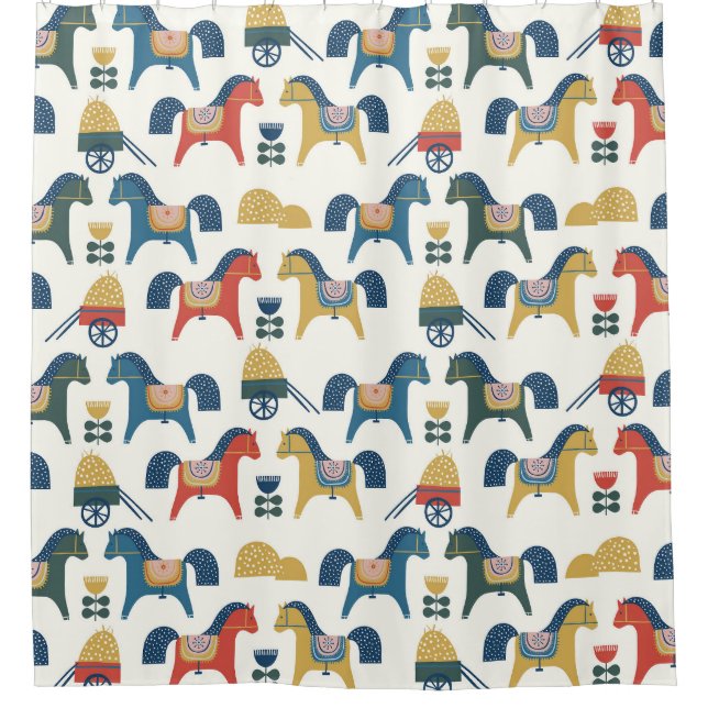 Scandinavian Horses: Colorful Folk Art Shower Curtain (Front)