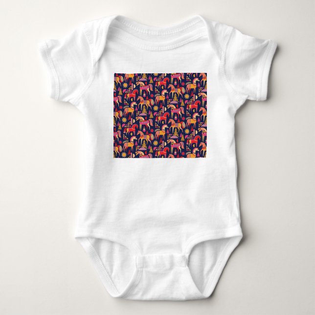 Scandinavian Horses: Decorative Seamless Design Baby Bodysuit (Front)