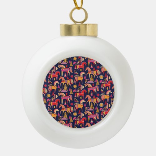 Scandinavian Horses Decorative Seamless Design Ceramic Ball Christmas Ornament